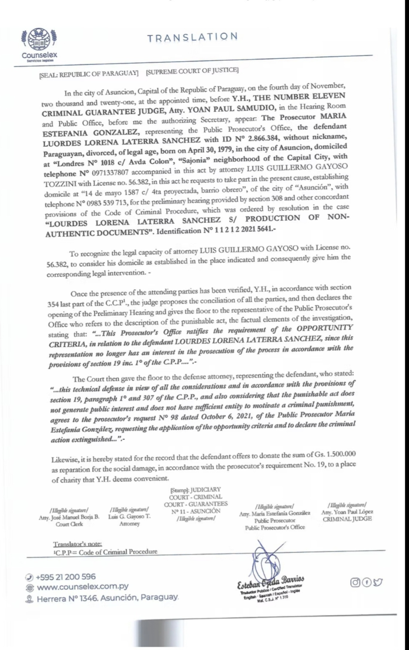 Certified English Translation of Court Record — Page 1